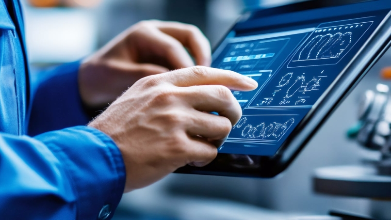 An industrial engineer using touchscreen tablet computer in factory.